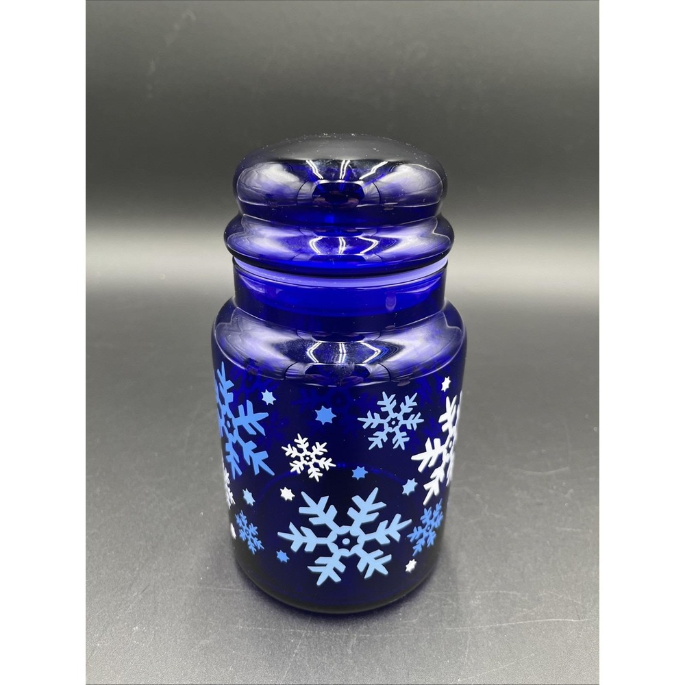 Vintage Libbey Cobalt Blue Glass Snowflakes Canister Apothecary Jar Bubble Lid